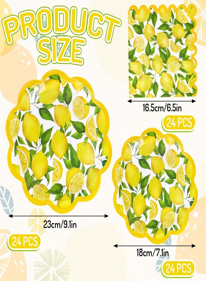 Whaline 72Pcs Lemon Tableware Set Watercolor Lemon Fruit Party Decor Supplies Summer Scalloped Yellow Paper Disposable Plates and Napkins for 24 Guests Party Supplies Table Decor - Image 2