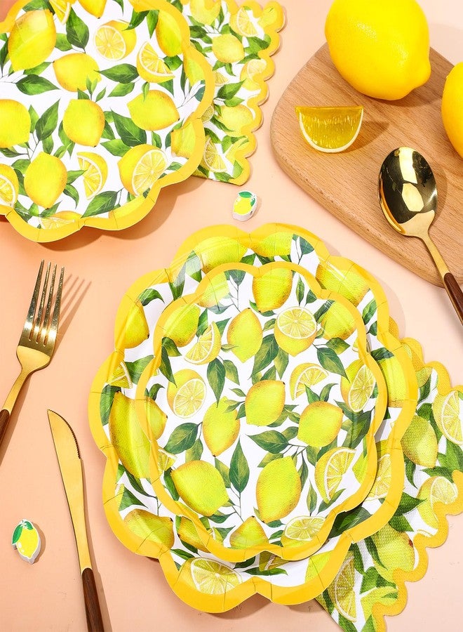 Whaline 72Pcs Lemon Tableware Set Watercolor Lemon Fruit Party Decor Supplies Summer Scalloped Yellow Paper Disposable Plates and Napkins for 24 Guests Party Supplies Table Decor - Image 3