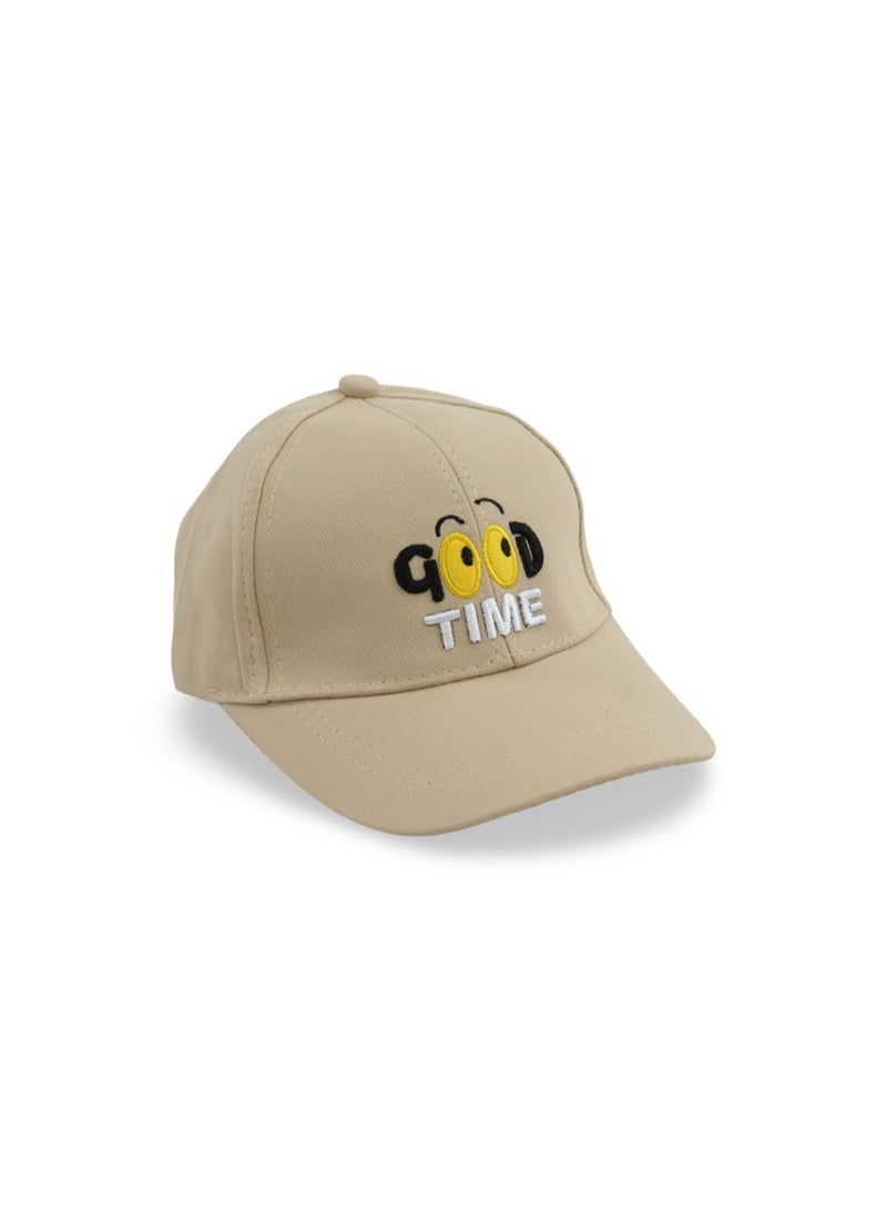 Fancy Unisex Cotton Cap –  Beige with "Good Time" Design - Image 1