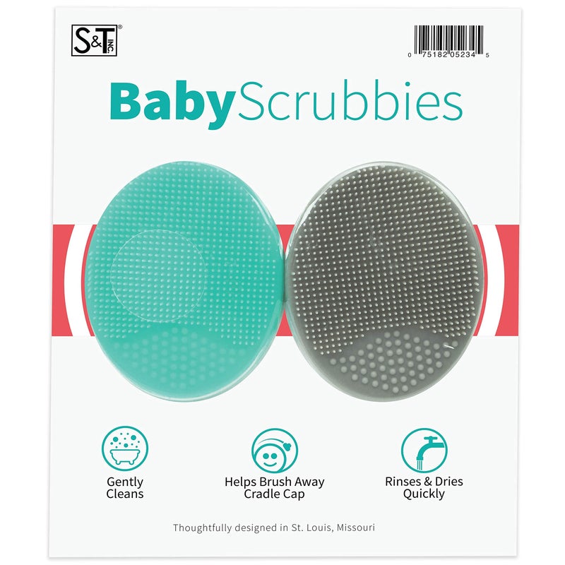S&T INC. Exfoliating and Massaging Cradle Cap Bath Brushes for Baby, Silicone - 2 Inch x 2.5 Inch, Grey and Teal, 2 Pack - Image 1