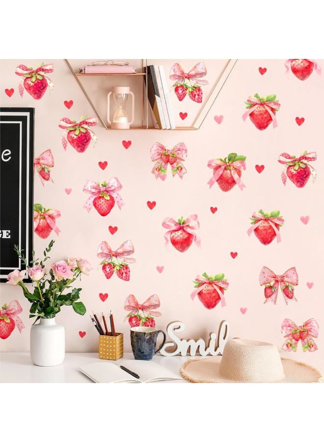 HATARU 90 PCS Strawberry Stickers Berry First Vinyl Decals for Backdrop Baby Girls Birthday Party Supplies Oh Baby Shower Decal for Strawberry Theme Balloon Arch Peel and Stick Bows Sticker Fruit Art Murals - Image 1