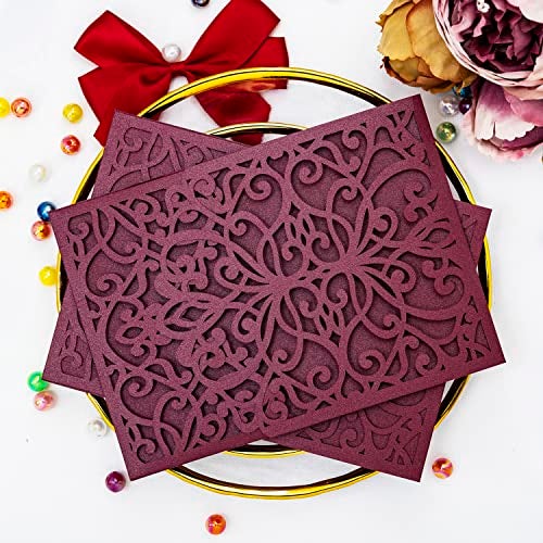 Builcker 20PCS Set Laser Cutting Burgundy Invitation Card Greeting Card Graduation Party Wedding Birthday Party Hollow Invitations Flip Invitation Pocket With Envelope (Burgundy) - Image 1