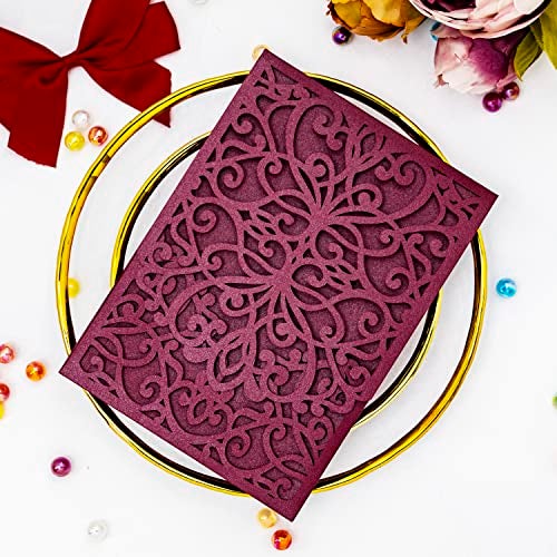 Builcker 20PCS Set Laser Cutting Burgundy Invitation Card Greeting Card Graduation Party Wedding Birthday Party Hollow Invitations Flip Invitation Pocket With Envelope (Burgundy) - Image 3