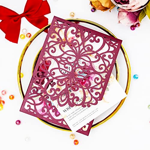 Builcker 20PCS Set Laser Cutting Burgundy Invitation Card Greeting Card Graduation Party Wedding Birthday Party Hollow Invitations Flip Invitation Pocket With Envelope (Burgundy) - Image 4
