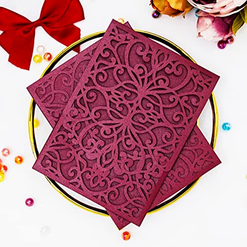 Builcker 20PCS Set Laser Cutting Burgundy Invitation Card Greeting Card Graduation Party Wedding Birthday Party Hollow Invitations Flip Invitation Pocket With Envelope (Burgundy) - Image 2