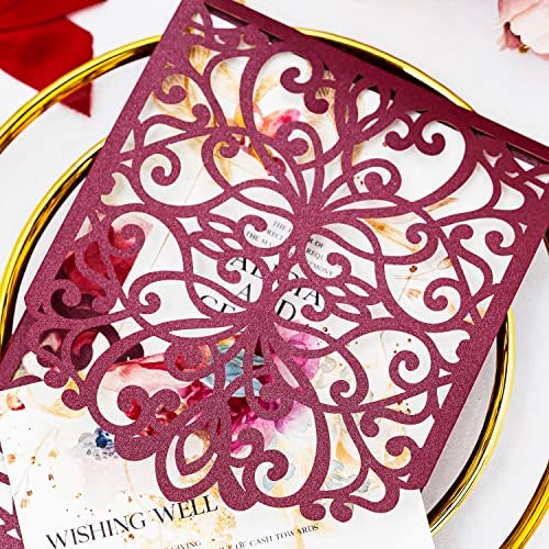 Builcker 20PCS Set Laser Cutting Burgundy Invitation Card Greeting Card Graduation Party Wedding Birthday Party Hollow Invitations Flip Invitation Pocket With Envelope (Burgundy) - Image 5