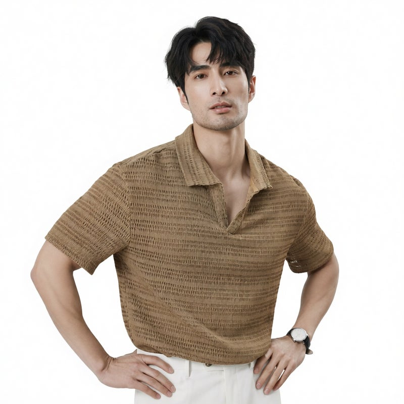 Men's V-Neck Short Sleeve Knit Polo Shirt with Cutout Seagull Collar Business Casual Summer