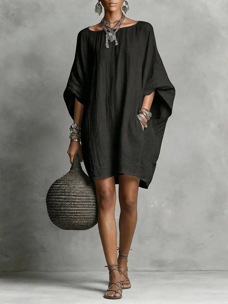 Women's Retro Long Sleeve Off-Shoulder Midi Dress Casual Cotton Linen Dress - Image 2