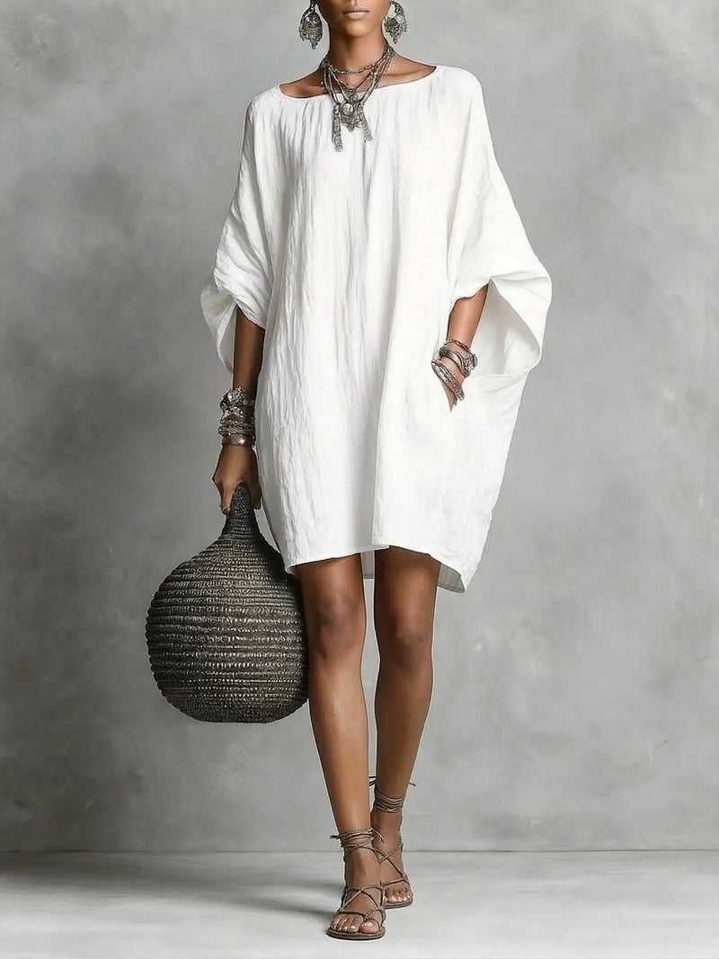 Women's Retro Long Sleeve Off-Shoulder Midi Dress Casual Cotton Linen Dress - Image 3