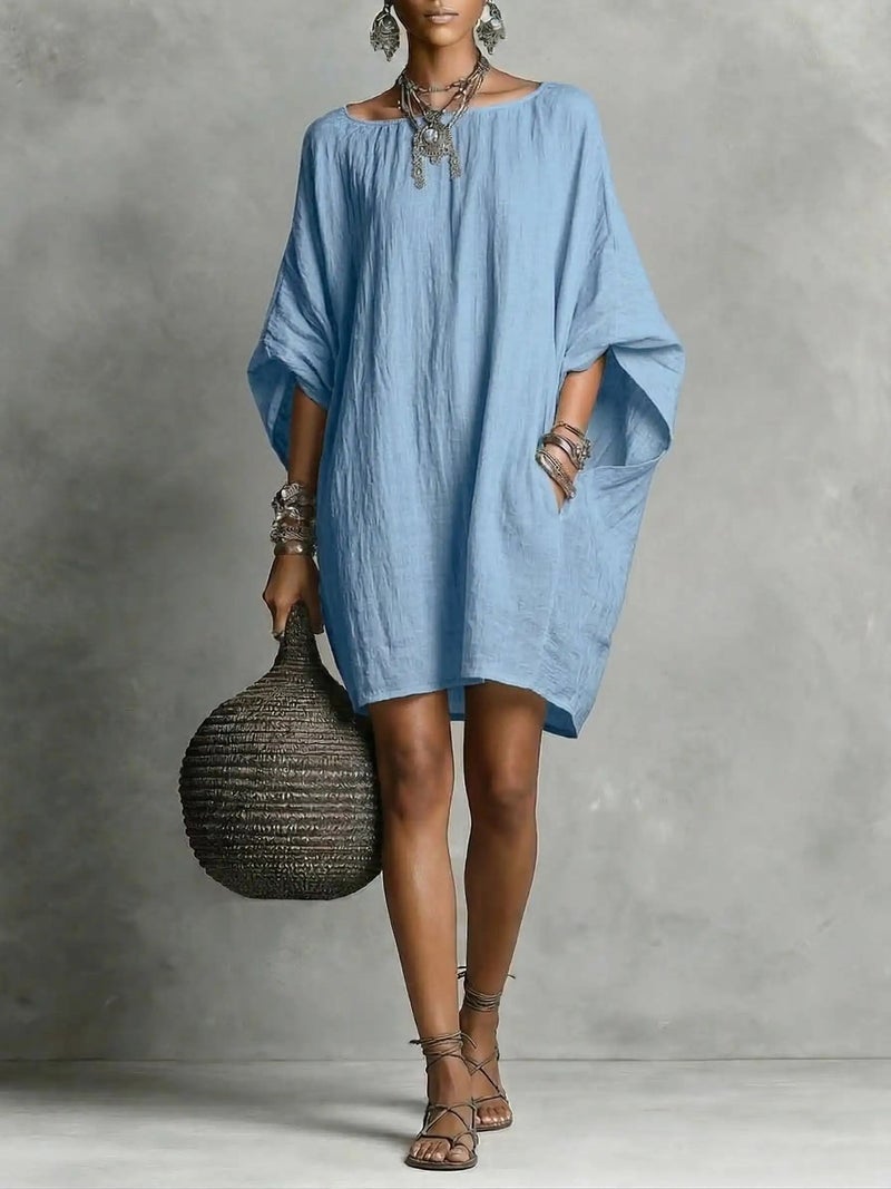 Women's Retro Long Sleeve Off-Shoulder Midi Dress Casual Cotton Linen Dress - Image 4