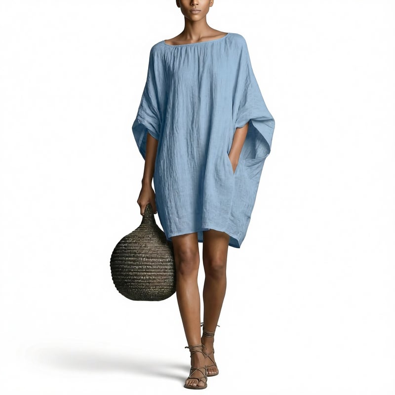 Women's Retro Long Sleeve Off-Shoulder Midi Dress Casual Cotton Linen Dress - Image 1