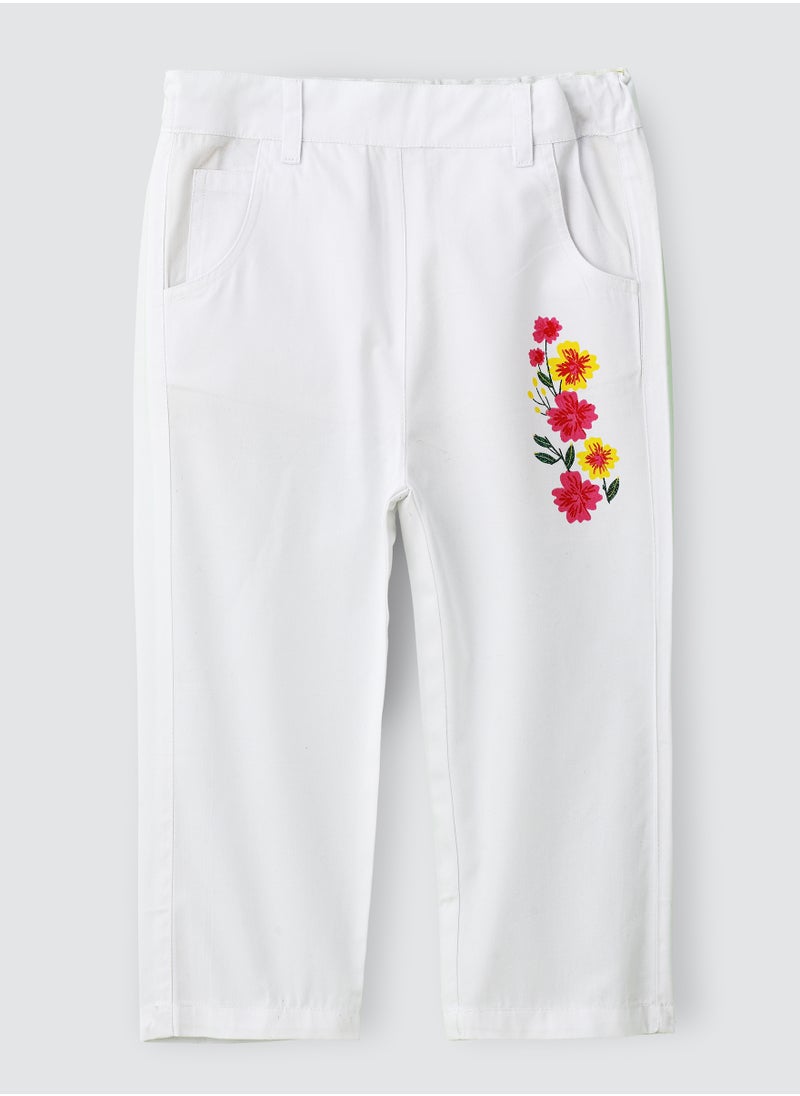 Jelliene White Cotton Trousers with Floral Print for Girls  - Image 1