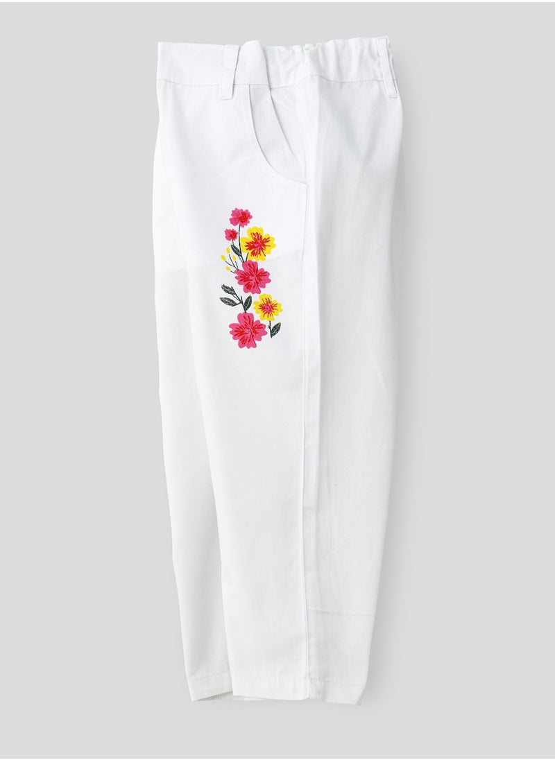 Jelliene White Cotton Trousers with Floral Print for Girls  - Image 3