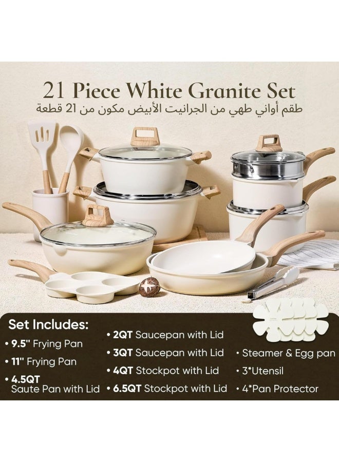 Carote 21-Piece Granite Non Stick Cookware Set – Die-Cast Aluminium, Induction & Gas Compatible, Dishwasher Safe, Large Capacity Kitchen Pots and Pans, PFOA & Lead Free, Healthy Cooking Set, White - Image 2