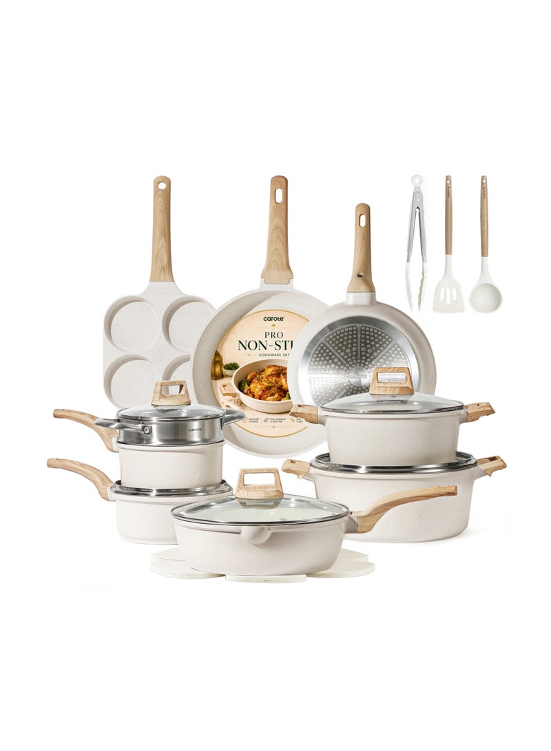 Carote 21-Piece Granite Non Stick Cookware Set – Die-Cast Aluminium, Induction & Gas Compatible, Dishwasher Safe, Large Capacity Kitchen Pots and Pans, PFOA & Lead Free, Healthy Cooking Set, White - Image 1