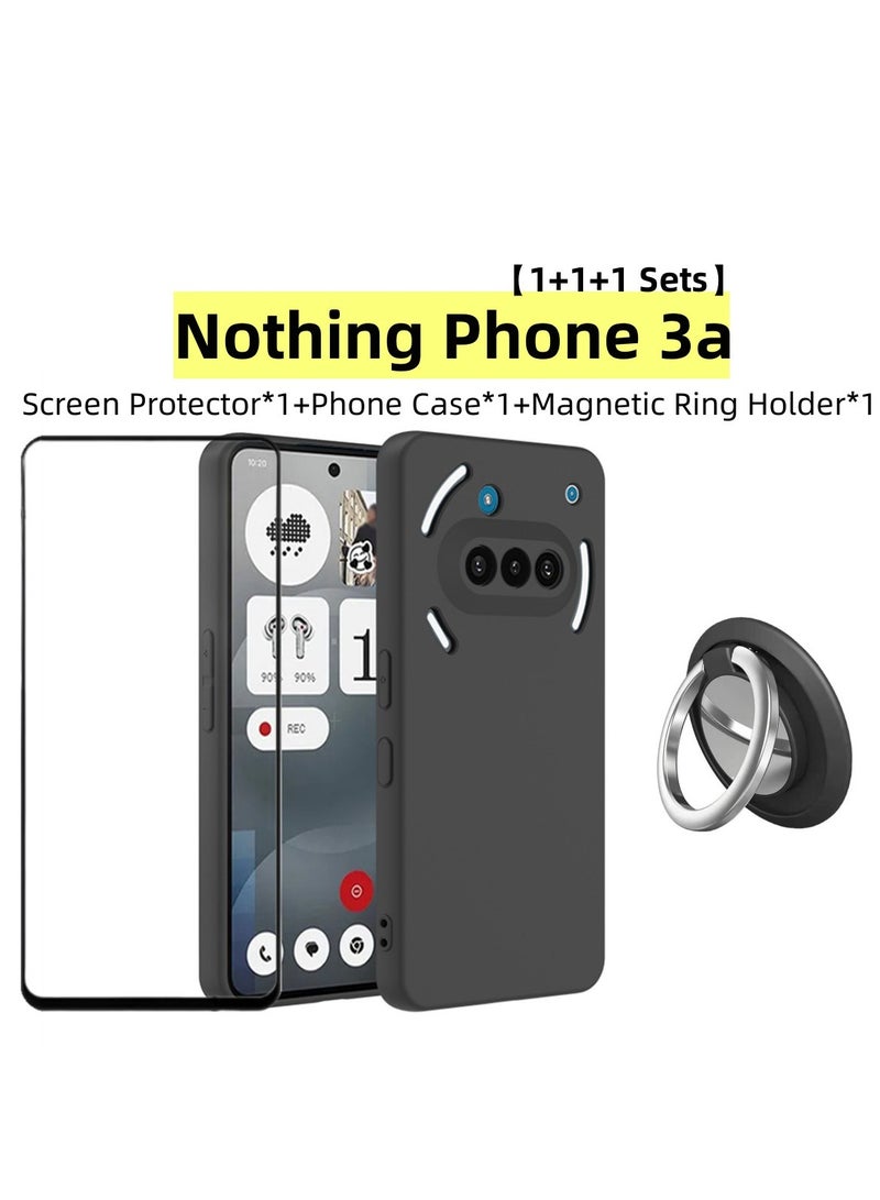 【1+1+1 Sets】for Nothing Phone 3a Case & Screen Protector & Magnetic Ring Holder Frosted Pudding Material TPU Cover with Tempered Glass Screen Protector,Ring Holder Suitable for Car Magnetic Attraction - Image 1