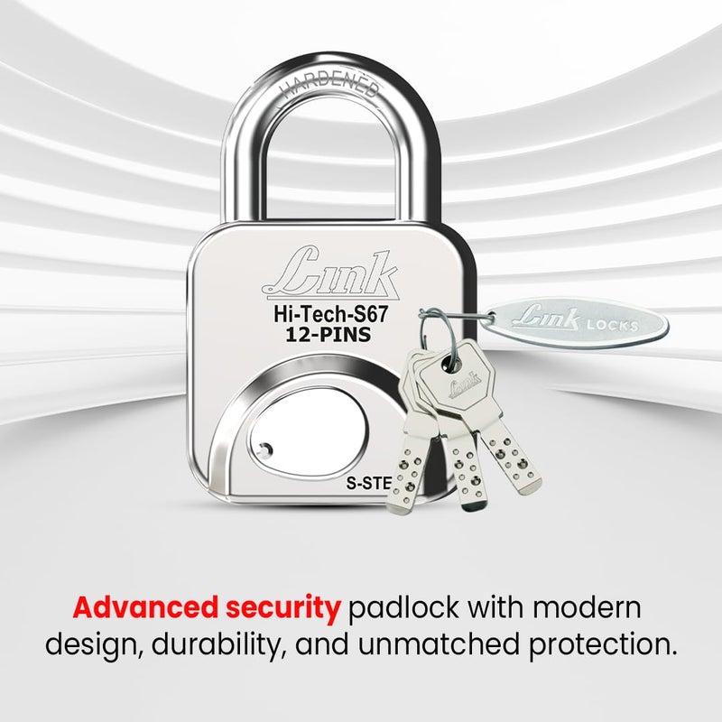 Link ® Hi-Tech 67mm Padlock | Stainless Steel Body | Hardened Shackle | 1 Padlock | 3 Silver Keys with Hi-Tech Nickle & Keychain |Made in India - Image 4