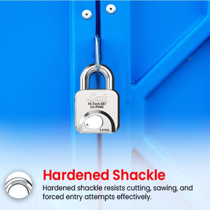 Link ® Hi-Tech 67mm Padlock | Stainless Steel Body | Hardened Shackle | 1 Padlock | 3 Silver Keys with Hi-Tech Nickle & Keychain |Made in India - Image 2