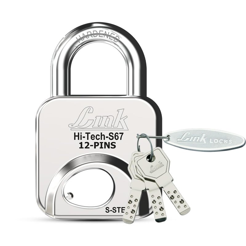 Link ® Hi-Tech 67mm Padlock | Stainless Steel Body | Hardened Shackle | 1 Padlock | 3 Silver Keys with Hi-Tech Nickle & Keychain |Made in India - Image 1