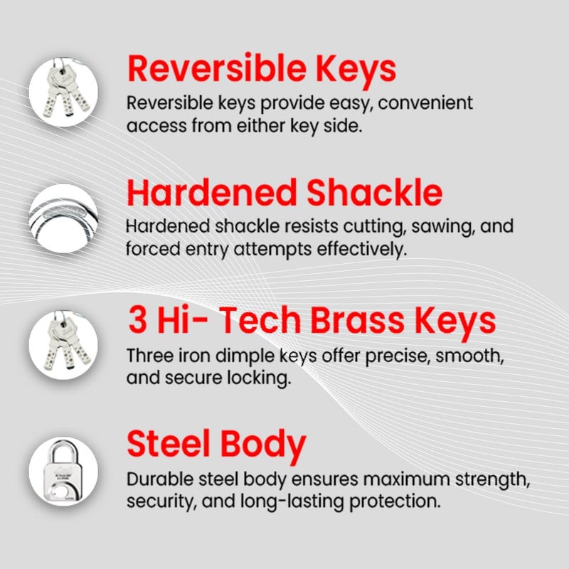 Link ® Hi-Tech 67mm Padlock | Stainless Steel Body | Hardened Shackle | 1 Padlock | 3 Silver Keys with Hi-Tech Nickle & Keychain |Made in India - Image 3