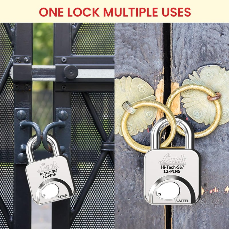 Link ® Hi-Tech 67mm Padlock | Stainless Steel Body | Hardened Shackle | 1 Padlock | 3 Silver Keys with Hi-Tech Nickle & Keychain |Made in India - Image 5