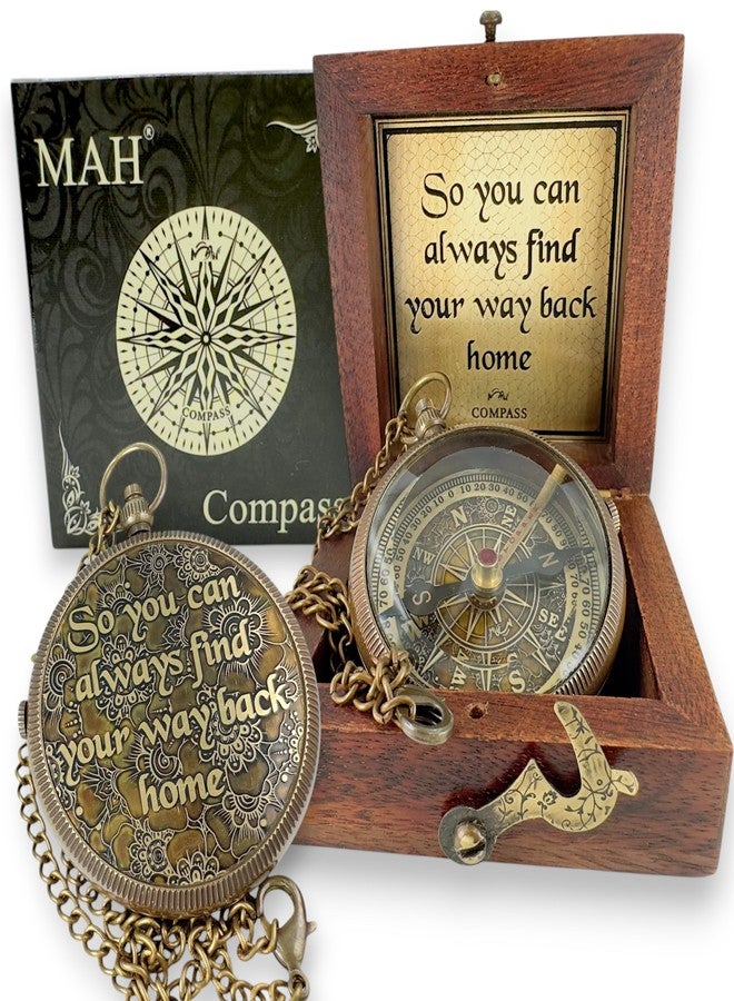 MAH Handmade Brass Compass – “So You Can Always Find Your Way Back Home” or “Back to Me” Quote Gift for Son, Daughter, or Partner – Romantic Gift or Family Keepsake for Graduation, Travel, Farewell Gift - Image 1
