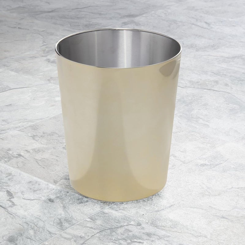 mDesign Round Metal Small Trash Can Wastebasket, Garbage Container Bin for Bathrooms, Powder Rooms, Kitchens, Home Offices - Durable Stainless Steel - Soft Brass - Image 3