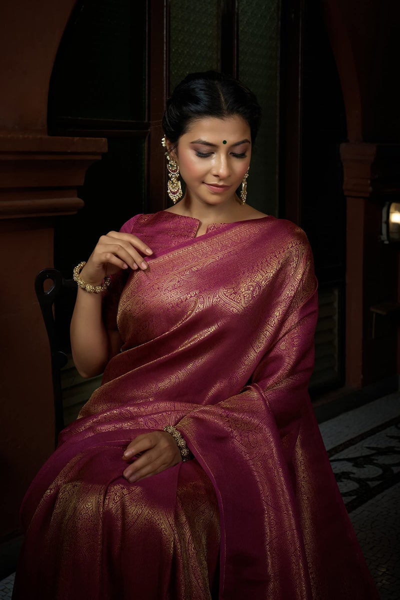 Vardha Women's Kanjivaram Art Silk Saree, Zari Woven, Copper, Unstitched Blouse - Pink Sari Asya Silk, 388 - Image 4