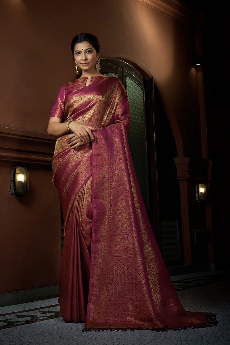 Vardha Women's Kanjivaram Art Silk Saree, Zari Woven, Copper, Unstitched Blouse - Pink Sari Asya Silk, 388 - Image 2