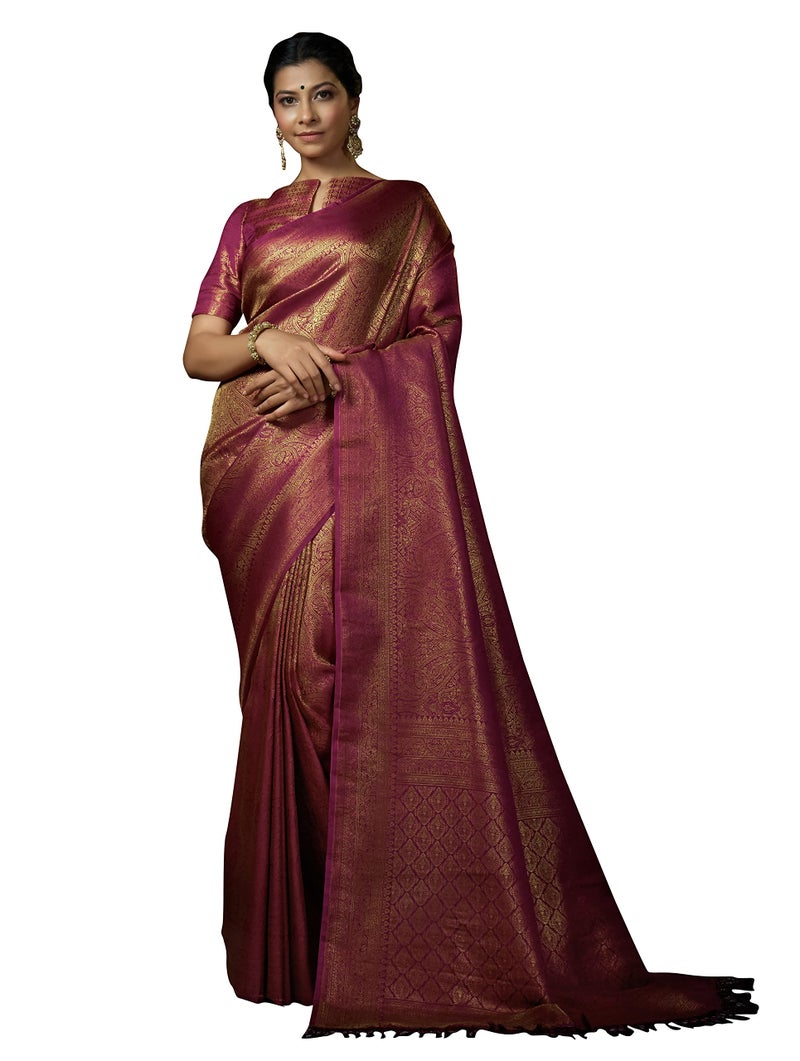 Vardha Women's Kanjivaram Art Silk Saree, Zari Woven, Copper, Unstitched Blouse - Pink Sari Asya Silk, 388 - Image 1