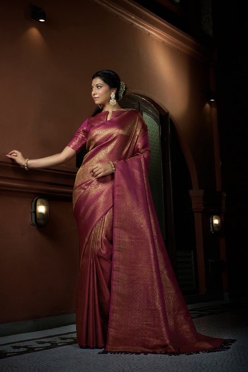 Vardha Women's Kanjivaram Art Silk Saree, Zari Woven, Copper, Unstitched Blouse - Pink Sari Asya Silk, 388 - Image 3
