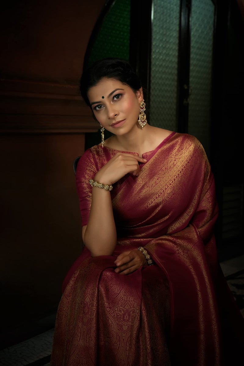 Vardha Women's Kanjivaram Art Silk Saree, Zari Woven, Copper, Unstitched Blouse - Pink Sari Asya Silk, 388 - Image 5
