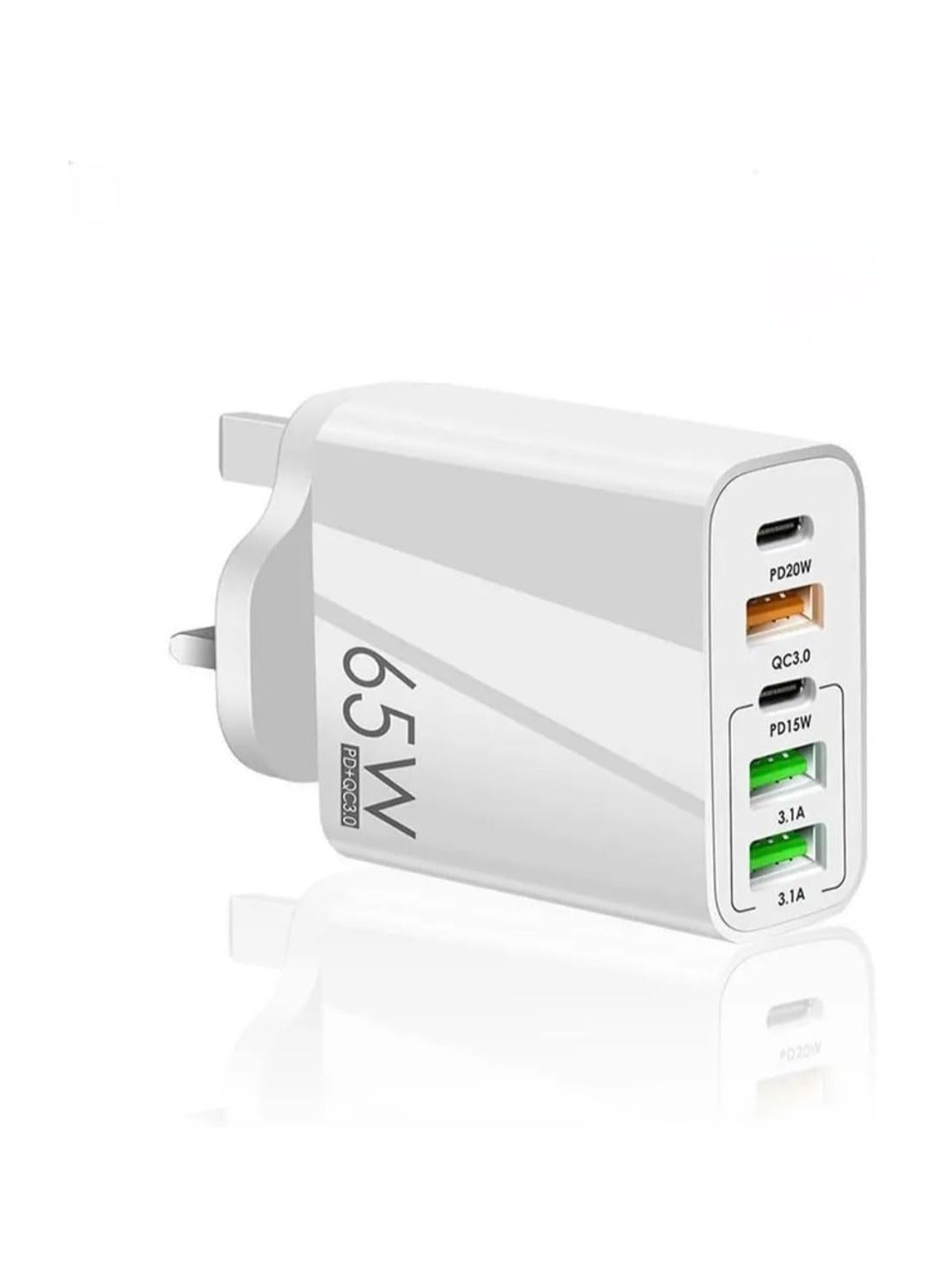 5-Port 65W USB Fast Charger Plug PD Power Adapter, Multi USB Plug UK Type C Charging Plug Compatible for iPhone 17/16/15/14 Pro Max and AirPods, iPad,Samsung S25/S24/23 Ultra-White