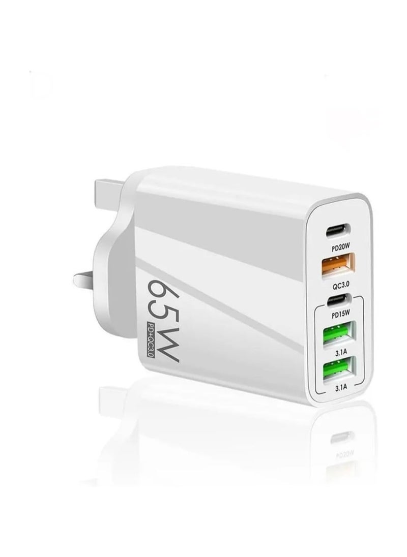 Generic 5-Port 65W USB Fast Charger Plug PD Power Adapter, Multi USB Plug UK Type C Charging Plug Compatible for iPhone 15/14 Pro Max and AirPods, iPad,Samsung S24/23 Ultra-White  - Image 1