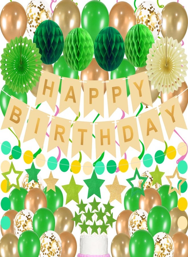 Yunfan 79Pcs Birthday Decorations Happy Birthday Banner Green Gold Balloons Paper Fans Honeycomb Balls Garland Cupcake Toppers for Women Men Neutral Wild One Party Decorations - Image 1