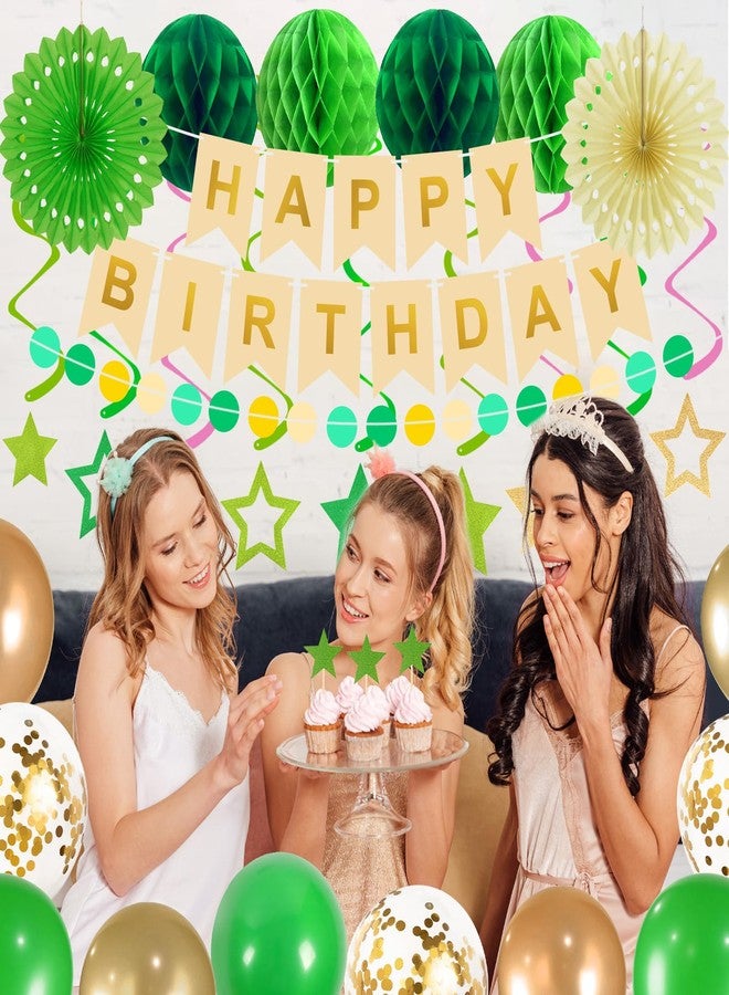 Yunfan 79Pcs Birthday Decorations Happy Birthday Banner Green Gold Balloons Paper Fans Honeycomb Balls Garland Cupcake Toppers for Women Men Neutral Wild One Party Decorations - Image 5