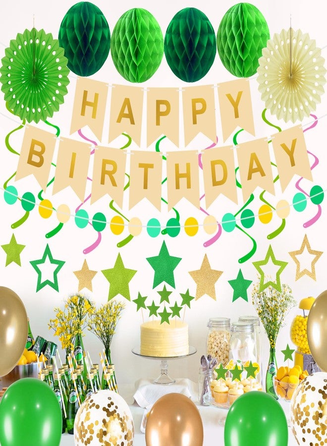 Yunfan 79Pcs Birthday Decorations Happy Birthday Banner Green Gold Balloons Paper Fans Honeycomb Balls Garland Cupcake Toppers for Women Men Neutral Wild One Party Decorations - Image 2
