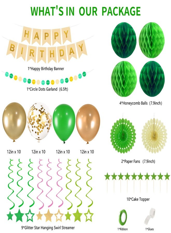 Yunfan 79Pcs Birthday Decorations Happy Birthday Banner Green Gold Balloons Paper Fans Honeycomb Balls Garland Cupcake Toppers for Women Men Neutral Wild One Party Decorations - Image 3