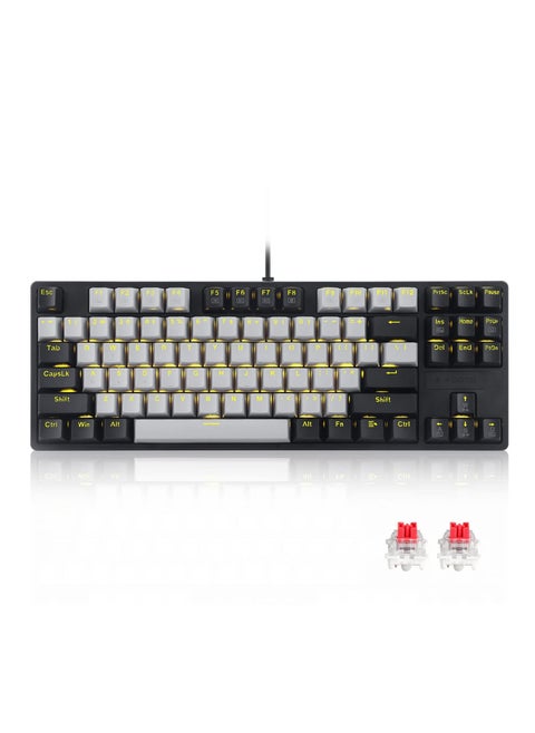 Z-87 87 Keys Mechanical Keyboard, Red Switch Gaming Keyboard Mini Compact with Yellow Backlit for Windows, Mac OS - Grey Black