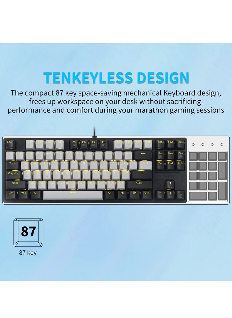 E-YOOSO - Z-87 87 Keys Mechanical Keyboard, Red Switch Gaming Keyboard Mini Compact with Yellow Backlit for Windows, Mac OS - Grey Black - Image 1