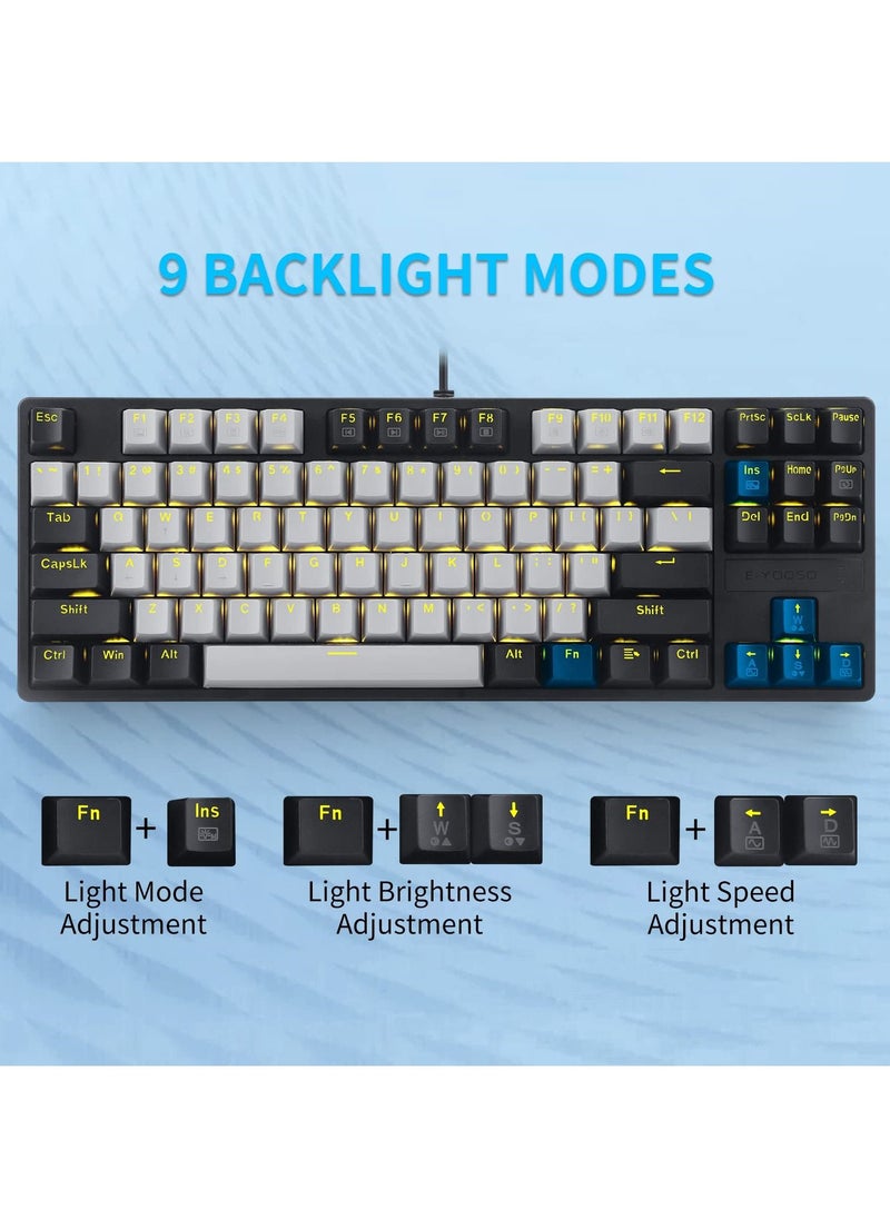 E-YOOSO - Z-87 87 Keys Mechanical Keyboard, Red Switch Gaming Keyboard Mini Compact with Yellow Backlit for Windows, Mac OS - Grey Black - Image 1