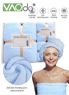 VAOdo 3-Piece Bath Towel Set, Skin Friendly Coral Wool, Quick Drying, Blue  - Image 1