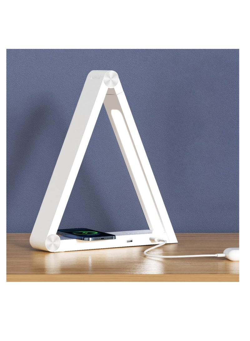 Excefore Triangle LED Desk Lamp, 10W Fast Wireless Charger, Foldable Rechargeable Eye-Caring Desk Lamp, Suitable for Desk, Home, Office (White) - Image 1