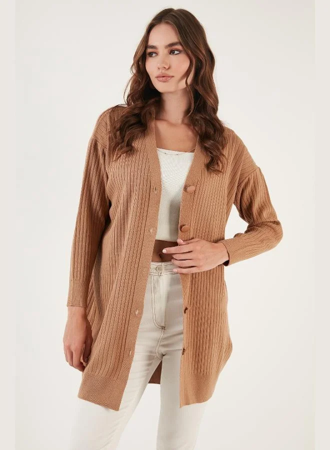 ليلا كارديجان طويل محبوك بياقة على شكل حرف  وأزرار للنساء