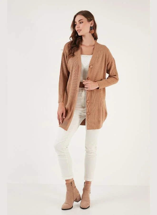 ليلا كارديجان طويل محبوك بياقة على شكل حرف  وأزرار للنساء