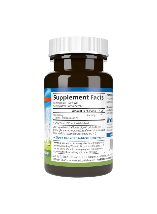 Carlson كارلسون - فيتامين K2 MK-7 (مينكوينون)، 45 ميكروغرام، دعم العظام، توافر الكالسيوم، فيتامين K2، فيتامين K-2، 90 كبسولة لينة - Image 2