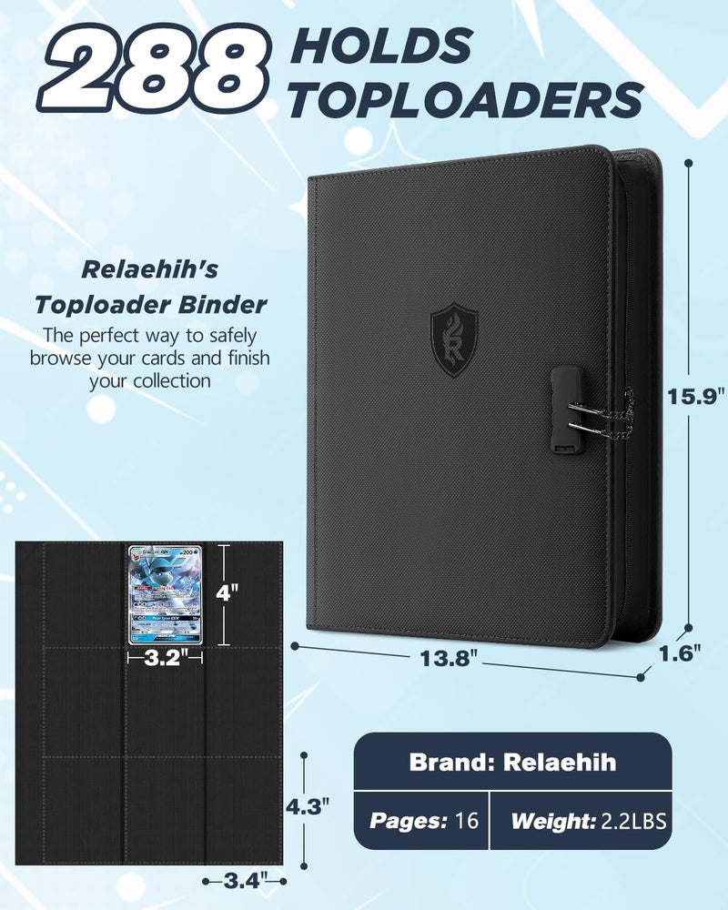 Relaehih 9 Pocket Toploader Binder with Lock– Holds 288 Top Loaders – Premium Zipped Double-Sided Card Album for Trading, MTG, Sports Cards (Black) - Image 3