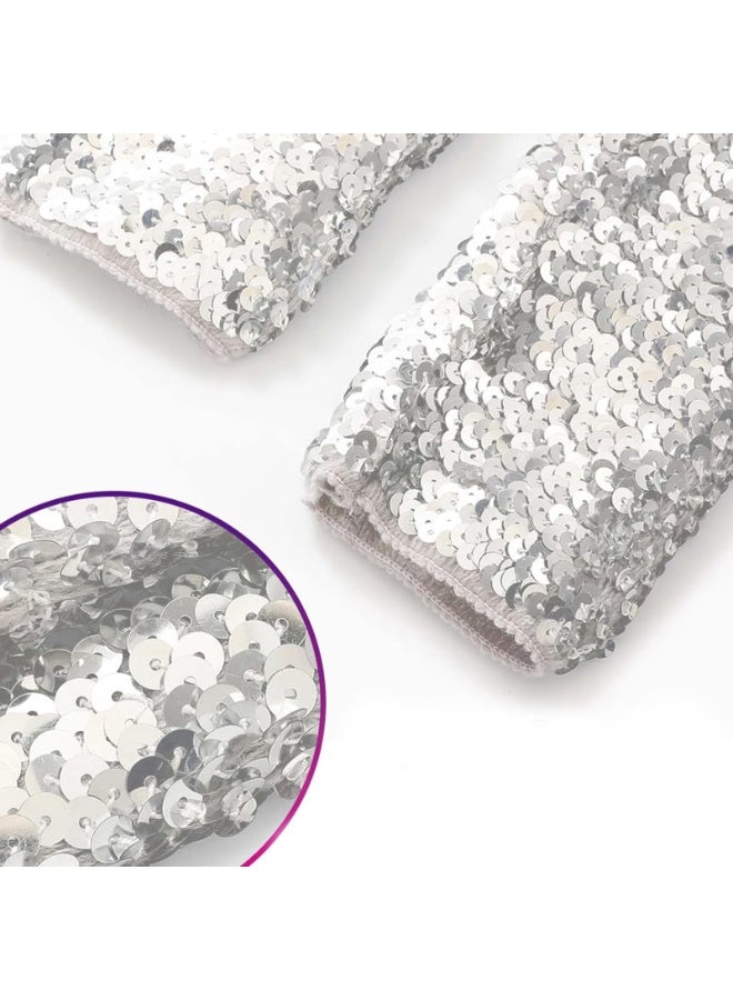 Silver Sequin Fingerless Long Arm Sleeves, Fish Scale Pattern, 30cm for Women & Girls - Image 2