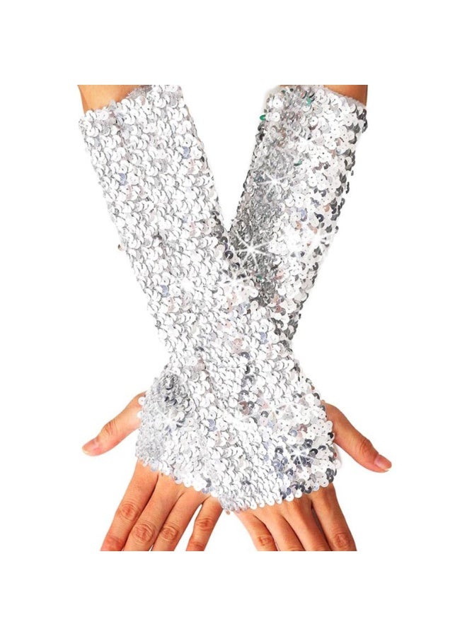 Silver Sequin Fingerless Long Arm Sleeves, Fish Scale Pattern, 30cm for Women & Girls - Image 1