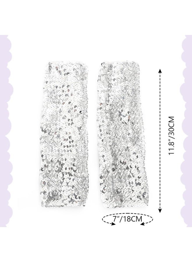 Silver Sequin Fingerless Long Arm Sleeves, Fish Scale Pattern, 30cm for Women & Girls - Image 3